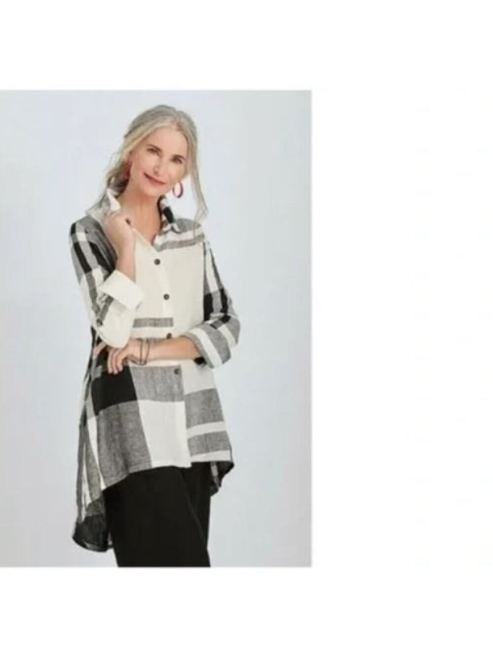 BEAU JOURS Merina Shirt  Black & White 100% Linen size LARGE/X-LARGE